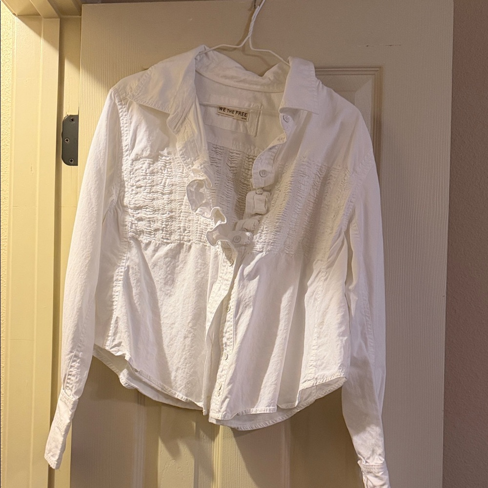 We The Free White Ruffle-Trim Button Down Blouse